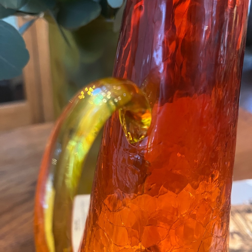 Vintage Vibrant Amber Red Orange Crackle Glass Pitcher MCM - Picture 6 of 8